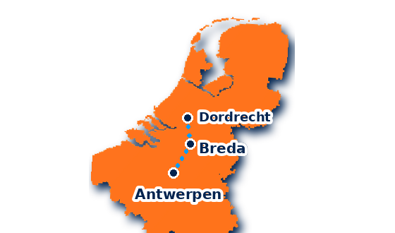 Kaart van België en Nederland met Antwerpen, Breda en Dordrecht gemarkeerd
