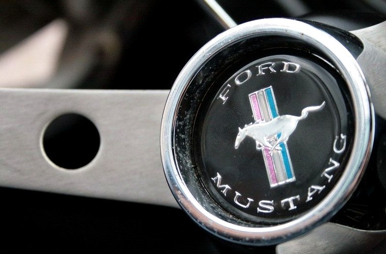 Close-up van Mustang claxon en stuur